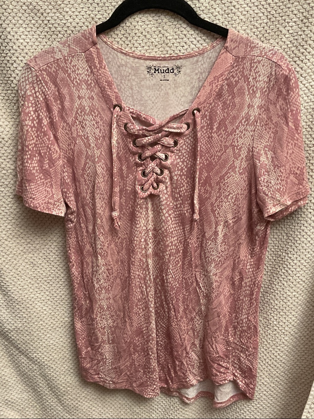 Mudd Pink Lace-Up V-Neck Snake-Print Short Sleeve Top